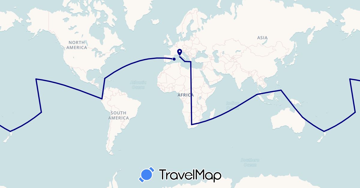 TravelMap itinerary: driving in Australia, Cuba, Ecuador, Spain, France, Greece, Indonesia, Italy, New Zealand, French Polynesia, Philippines, United States, South Africa (Africa, Asia, Europe, North America, Oceania, South America)